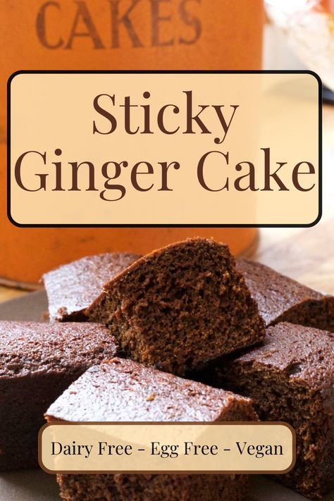 Slices of traditional sticky ginger cake on a plate. There is a vintage orange cake tin in the background. Vegan Ginger Cake, Sticky Gingerbread, Sticky Ginger Cake, Black Treacle, Traditional Christmas Cake, Autumn Baking, Cake Calories, Eggless Desserts, Ginger Cake