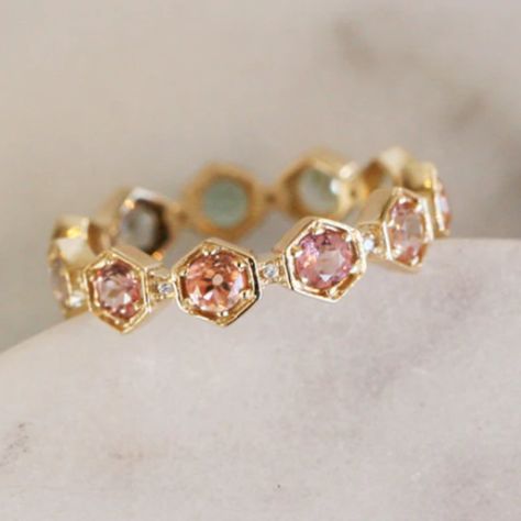 New Golden And Pink Ring Inlaid Cz Pink Gemstone Zircons Sz 10 This Crown-Like Ring Encompassed In A Hexagon Setting With Tiny Diamonds Nestled In Between. Carina Stacks Beautifully With Others - But Wow Does She Stand Well On Her Own. .80 Cts Of Tourmalines And .06 Cts Of Pink And Rose Gemstones Just For You. Please Expect Variation In These Genuine Gemstones This Ring Is 3mm / 1mm Alternating Height New In Box! About Our Closet: Original Owner. Nonsmoking/No Pets/Fragrance-Free. Fast Shipping. Yellow Gold Tourmaline Jewelry With Rose Cut Diamonds, Tourmaline Jewelry In Yellow Gold With Rose Cut Diamonds, Elegant Stackable Tourmaline Jewelry, Wedding Jewelry With Rose Cut Diamonds And Tourmaline, Elegant Stackable Tourmaline Rings, Fine Jewelry Rings With Rose Cut Diamonds And Tourmaline, Stackable Tourmaline Rings Fine Jewelry, Stackable Tourmaline Rings In Fine Jewelry Style, Vermeil Jewelry