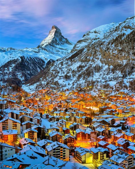 Aerial view of Zermatt valley and the Matterhorn peak at dawn in Switzerland Switzerland In Winter, Switzerland Itinerary, Nature Architecture, Interlaken, Switzerland Travel, Zermatt, Winter Vacation, Future Travel, Best Places To Travel