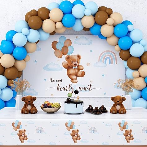 Teddy Bear Baby Shower Decorations, Tablecloth Backdrop, Teddy Bear Baby Shower Theme, Backdrop Balloons, Boho Tablecloth, Bear Baby Shower Theme, Boy Baby Shower Ideas, Teddy Bear Theme, Bearly Wait