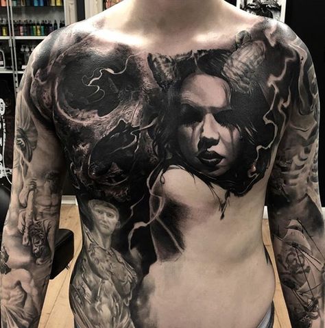 #fkironsproteam @ademmtattoo #fkirons Full Chest Cover Up Tattoos Men, Dark Chest Tattoo, Chest Tattoo Cover Up, Full Chest Tattoos, 42 Tattoo, Big Cat Tattoo, Evil Skull Tattoo, Torso Tattoos, Skull Sleeve Tattoos