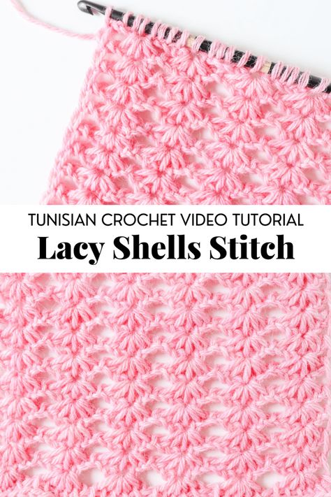 TL Yarn Crafts - How to Crochet the Tunisian Crochet Lacy Shells Stitch - VIDEO TUTORIAL | TL Yarn Crafts Tunisian Crochet Free, Tunisian Crochet Blanket, Tl Yarn Crafts, Tunisian Crochet Pattern, Crochet Rugs, Tunisian Crochet Hook, Tunisian Crochet Patterns, Tunisian Crochet Stitches, Crochet Stitches Free