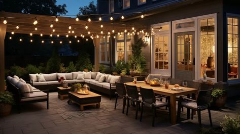 Deck Furniture Layout Ideas, Patio Furniture Arrangement, Backyard Lighting Ideas, Deck Furniture Layout, Deck Seating, Best Outdoor Lighting, Patio Layout, Outdoor Deck Furniture, Cozy Patio