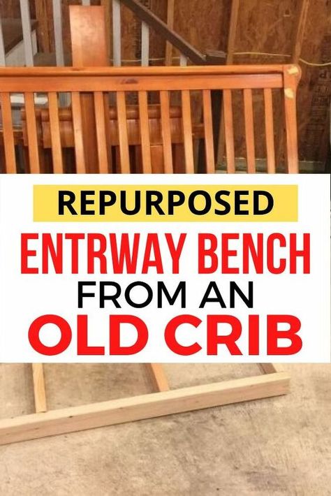 Build An Entryway, Entryway Bench Diy, Make An Entryway, Modern Garden Trellis, Eclectic Plates, Ikea Storage Cubes, Repurposed Crib, Crib Bench, Old Baby Cribs