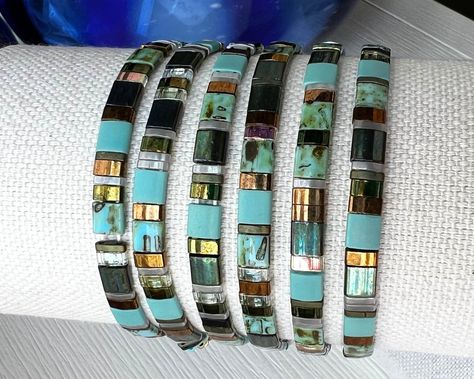 Miyuki Tila Bracelet Stacking Tile Bead Stretch Bracelet Trendy Flat Bead Bracelet - Etsy Tile Bead Bracelets, Miyuki Tila Bracelet, Flat Bead Bracelet, Tila Bracelets, Fork Bracelet, Bracelet Trendy, Single Bracelet, Trendy Flats, Bracelet Miyuki