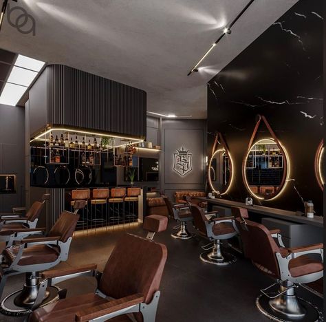 Barbershop With Bar, Men Barber Shop Design, Barber Shop Design Interior, Barbershop Signage, Barber Suite, Luxury Barbershop, Barbershop Decor, Mirror Salon, Modern Barber Shop