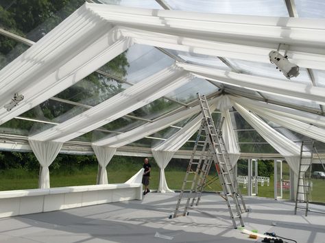 Clear roof marquees with bespoke draping Marquee Draping, Draping Wedding, Wedding Florals, Floral Wedding, Roof, Bespoke, Bridge, Wedding Ideas