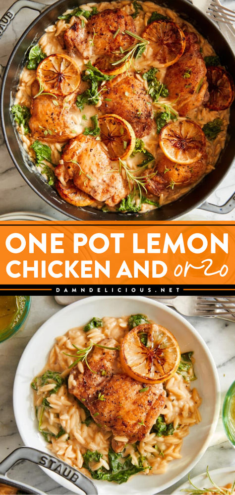 A must-try chicken dish! This chicken orzo recipe lets you have a simple weeknight dinner that has sneaked-in greens. Creamy with the right amount of citrus, this One Pot Lemon Chicken and Orzo is so good! Lemon Chicken And Orzo, Lemony Orzo, Grain Dishes, Chicken And Orzo, Creamy Orzo, Winning Recipes, Fast Dinner, Orzo Recipes, One Pot Chicken