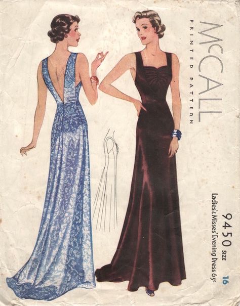 Evening Dress Patterns, Patron Vintage, 30s Fashion, 20th Century Fashion, Vintage Dress Patterns, Vintage Gowns, 1930s Fashion, Clothes Sewing Patterns, 1940s Fashion