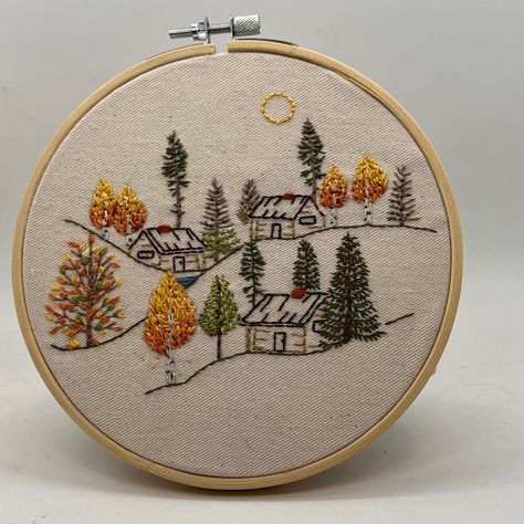 Cabin Embroidery, Autumn Cabin, Autumn Woods, Beginner Embroidery Kit, Lazy Daisy Stitch, Diy Embroidery Kit, Diy Broderie, Hand Embroidery Kit, Needle Point