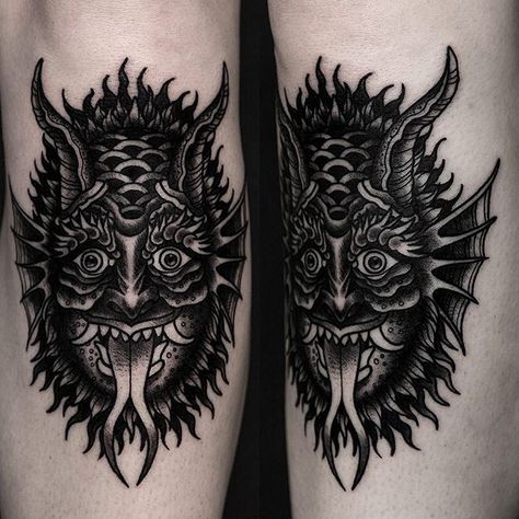 Knee Cap Tattoo, Cap Tattoo, Random Tattoos, Devil Mask, Demon Tattoo, Knee Cap, Mask Tattoo, Knee Tattoo, Black Work