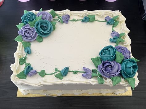 Purple And Teal Sheet Cake, Pretty Sheet Cake Ideas, Purple Sheet Cake, Vintage Sheet Cake, Full Sheet Cake Designs, Elegant Sheet Cake Designs, Floral Sheet Cake, Rectangle Cakes, Cake With Buttercream Roses