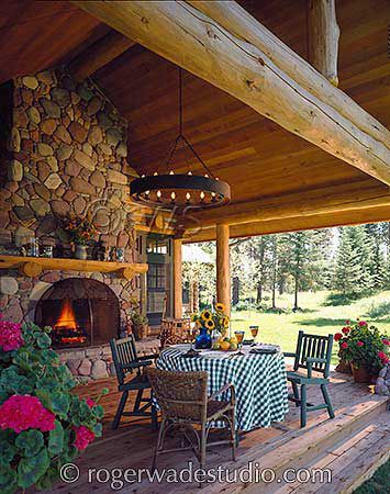 Log cabin porch--LOVE-LOVE-LOVE THIS FIREPLACE... Log Cabin Porch, Front Porch Pictures, Log Cabin Living, Log Home Living, Log Home Designs, Front Porch Design, Real Estat, Cabin Living, Timber Frame Homes