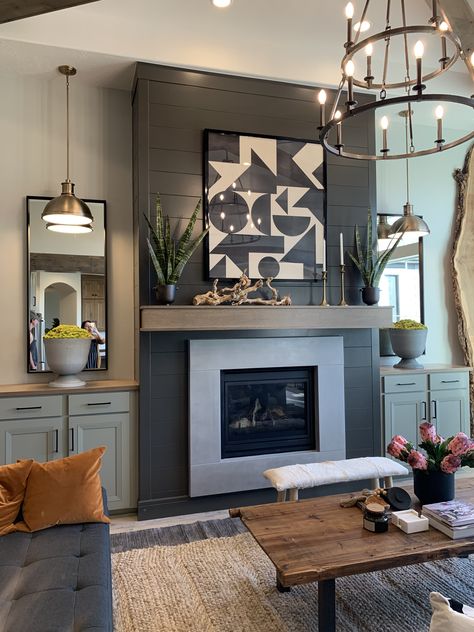 Fireplace With Cutout Above, Art On Stacked Stone Fireplace, Home Sign Over Fireplace, Walls Beside Fireplace, Firplace Round Mirror And Artwork, Black Wash Brick Fireplac With Tv On Tope, Art Over Fireplace, Side Of Fireplace, Above Fireplace Ideas