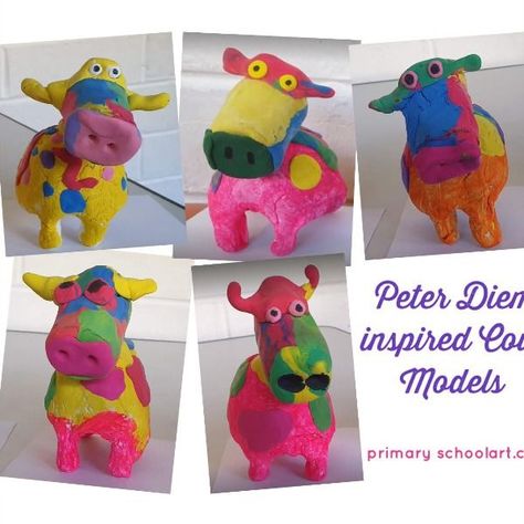 Art lesson for Year 3-4 making a colourful Peter Diem inspired cow sculpture with air dry clay and paper clay. Crayola Model Magic, Cow Sculpture, Primary School Art, Animal Lessons, Sculpture Art Projects, Sculpture Lessons, Model Magic, Kids Clay, Pinch Pot