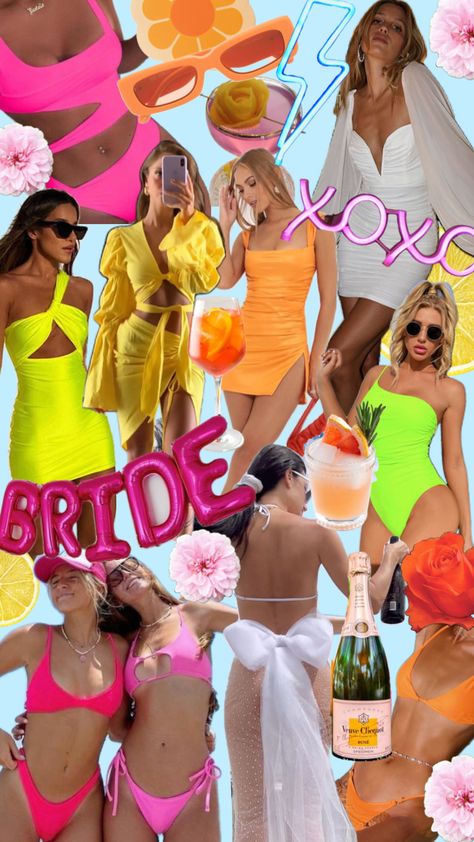 Electric Love Bachelorette, Veuve Before Vows Bachelorette, Love Bachelorette Party, Veuve Before Vows, Bachelorette Party Theme, Bachelorette Inspo, Neon Swimsuit, Electric Love, Bachelorette Theme