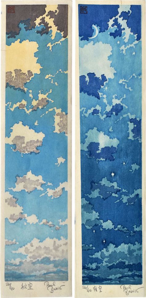 Scholten Japanese Art | Woodblock Prints | Paul Binnie Autumn Sky and Night Sky Sky Linocut, Japanese Sunset Art, Printmaking Artists, Japanese Wood Block Prints, Traditional Japanese Art Landscapes, Japanese Woodblock Printing Landscape, Autumn Sky, Woodblock Printing, Panoramic Art