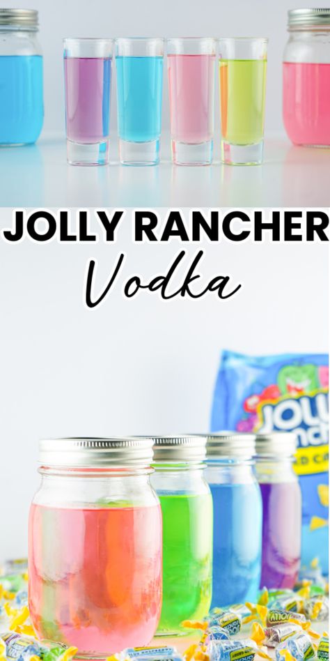 Colorful Jolly Rancher Vodka on white table Jolly Rancher Drink, Jolly Rancher Vodka, Jolly Rancher Flavors, Shooter Recipes, Jolly Ranchers Candy, Alcholic Drinks, Vodka Recipes, Colorful Cocktails, Infused Vodka