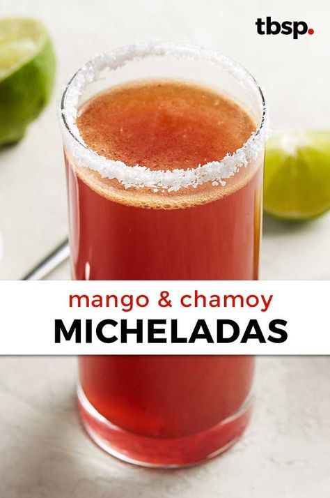 This sweet n' spicy cocktail is perfect for Cinco De Mayo, or any outdoor barbecue. Mexican chamoy sauce pairs perfectly with lime juice, beer and a splash of mango juice. Chamoy Michelada Recipe, Recipes With Chamoy Sauce, Mango Michelada Recipe, Chamoy Cocktail, Michelada Mix Recipe, Chamoy Recipes, Drinking Recipes, Michelada Mix, Chamoy Sauce