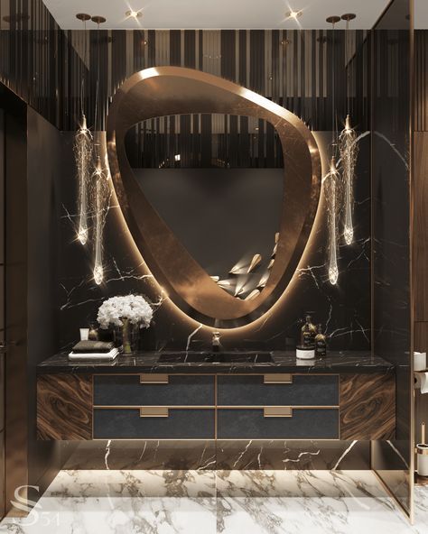 Dark Luxury Bathroom, Illusion Dance, Modern Bathroom Mirrors, Modern Luxury Bathroom, Washroom Decor, Opulent Interiors, Luxury Mirror, Washroom Design, Unique Interior Design