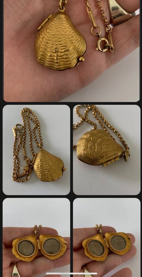 Gold Plated Victorian Shell Shaped Novelty Mourning Locket which opens to reveal woven hair. With Gold Victorian chain. Source - eBay Shell Gift Ideas, Woven Jewellery, Seashell Locket, Shell Locket, Hair Locket, Victorian Style Jewelry, Victorian Locket, Unique Looks, Vintage Locket