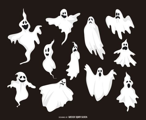 Set of 11 ghost illustrations featuring ghosts with different expressions and shapes! Ghost Expressions, Ghost Illustration, Ghost Drawing, Ghost Tattoo, Ghost Cartoon, Halloween Vector, Halloween Silhouettes, Ghost Design, Halloween Drawings