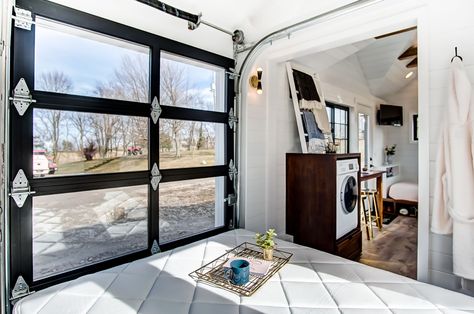 Tiny House bedroom with garage door window Tiny House With Garage, Open Air Bedroom, House With Garage, Tiny House Bedroom, Garage Door Styles, Tiny House Luxury, Garage Style, Mattress Buying, Summer Series