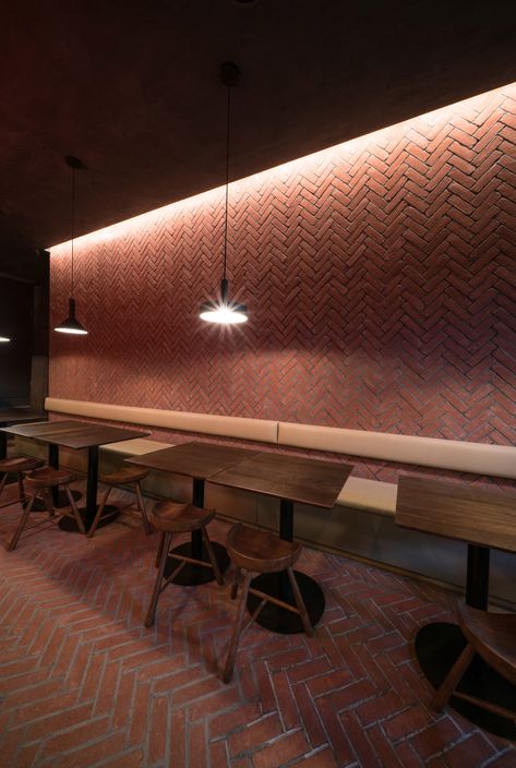 Herringbone brickwork covers Chinese restaurant The Tang in New York by New Practice Studio Counter Seating, High Top Tables, Weathering Steel, Wooden Counter, Long Walls, Built In Seating, Upper West Side, Dark Interiors, Bar Seating