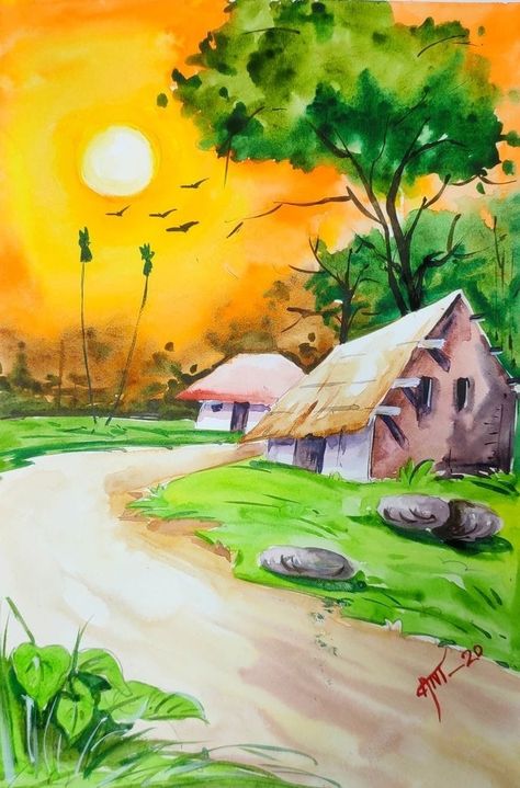 Landscape Ideas Drawing Watercolor, Oil Pastel Drawings Senary, Water Colour Village Scenery, Watercolor Scenery Drawing, Water Colour Senary, Water Colour Drawing Scenery, Watercolour Scenery Easy, Watercolor Landscape Paintings Village, Senary Drawing Painting