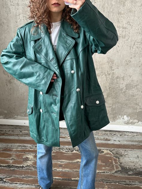 Green Leather Jackets, Green Leather, Leather Coat, Double Breasted, Unique Pieces, Overalls, Genuine Leather, Vintage Outfits, Jackets & Coats