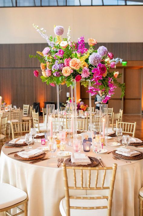 High And Low Floral Centerpieces, Sunset Wedding Centerpieces, Elevated Centerpieces Wedding, Sunset Centerpieces, High Centerpieces, Greenery Design, Sunset Hues, Amazing Wedding Photos, Lavender Orange