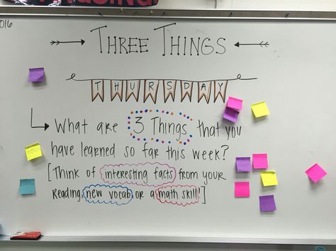 Importance of Content: The idea of revisiting knowledge learned during the week is an essential way for students to understand the importance and relevance of what they are learning. Attention to detail and connecting prior knowledge with new knowledge maintains its presence in the student's memory. Three Things Thursday, Thursday Whiteboard Ideas, Thursday Question Of The Day, Thursday Whiteboard Message, Thursday Morning Message Classroom, Tuesday Whiteboard Prompt, Thursday Whiteboard Question, Monday Whiteboard Question, Whiteboard Questions