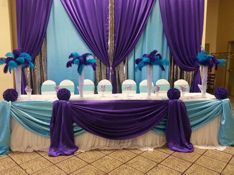 Teal Purple And Silver Wedding, Blue Purple Decorations, Blue And Purple Backdrop, Purple And Blue Wedding Reception, Purple Blue Silver Party Decorations, Turquoise And Purple Wedding Decorations, Blue Purple Black Party Decor, Royal Blue And Purple Wedding Theme Wedding Ceremony Decor, Purple Turquoise Wedding Reception