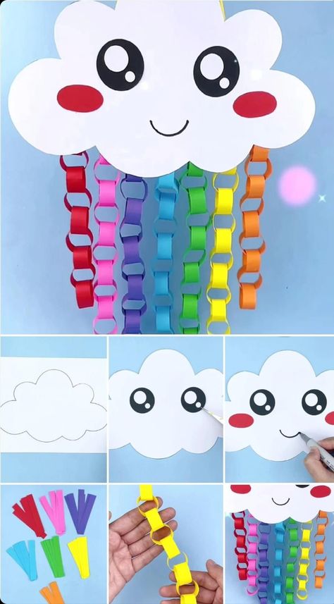 Paper Plate Wind Spinner, Rainbow Paper Craft, Decoration Creche, Paper Craft For Kids, Cloud Rainbow, Hair Bows Diy, Cloud Craft, Aktiviti Kanak-kanak, Easter Hair Bows