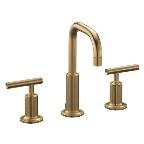 KOHLER Purist Vibrant Brushed Bronze 2-handle Widespread WaterSense Bathroom Sink Faucet with Drain in the Bathroom Sink Faucets department at Lowes.com Black Bathroom Fixtures, Black Bathroom Faucet, Kohler Purist, Kohler Bathroom, Gold Fixtures, Fluid Design, Widespread Bathroom Faucet, Lavatory Faucet, Faucet Handles