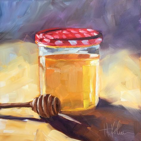 http://www.halliekohnart.com original oil honey jar painting by Hallie Kohn Honey Jar Painting, Honey Jar Drawing, Food Painting Acrylic, Jar Painting Ideas, Honey Painting, Jar Painting, Food Paintings, Honey Art, Oh Honey