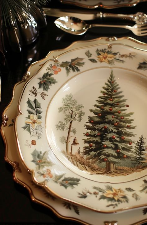 Vintage Christmas Plates, Vintage Christmas Inspiration, Christmas Vintage Decor, Vintage Christmas Dinner, Christmas Crockery, Christmas Table Setting Ideas, Vintage Inspired Christmas Decor, Cozy Dining Room, Christmas Dinner Plates