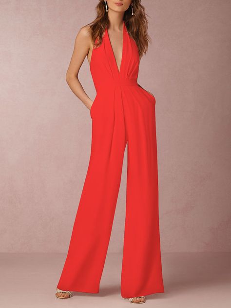 Commuter Dress, Halter Neck Jumpsuit, Backless Romper, Jumpsuit Chic, Halter Jumpsuit, Backless Jumpsuit, Jumpsuits And Rompers, Red Jumpsuit, Womens Clothes