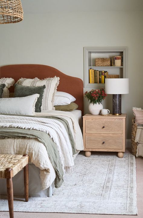 SHOP ALL – House Nine Design Rust Headboard Bedroom, Cloth Headboard Bedroom, Burnt Orange Headboard, Soho House Bedroom, House Nine Design, Rust Bedroom, Art Deco Bedroom Decor, Sophisticated Apartment, Stripe Fabrics