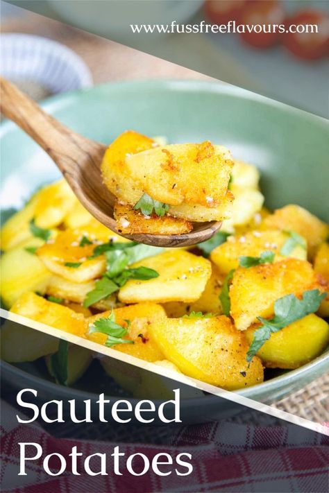 Spoonful of sauteed potatoes Potato Sauteed, Sides Potatoes, Crispy Fried Potatoes, Thanksgiving Side Dishes Healthy, Sauteed Potatoes, Autumn Side Dishes, French Recipe, Uk Food, How To Make Potatoes