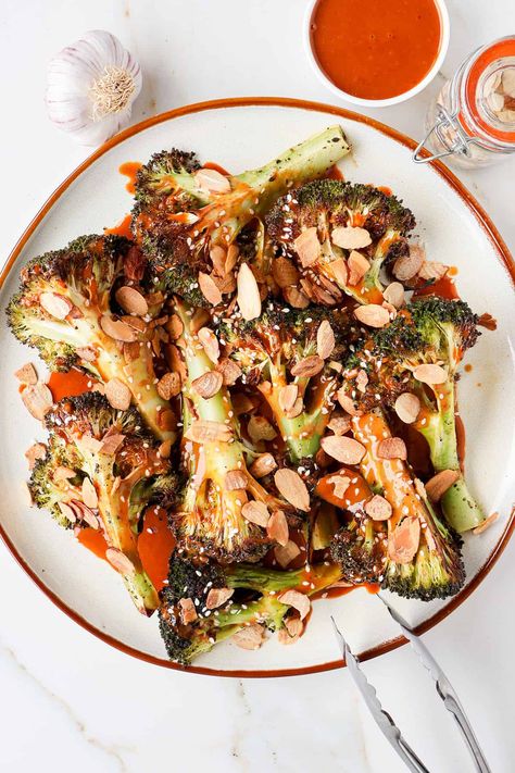 Charred Broccoli with Peanut Sauce – Goodness Avenue Charred Broccoli, Vegetarian Christmas, Spicy Peanut Sauce, Peanut Butter Sauce, Broccoli Recipe, Butter Rice, Spicy Peanuts, Frozen Broccoli, Fresh Broccoli