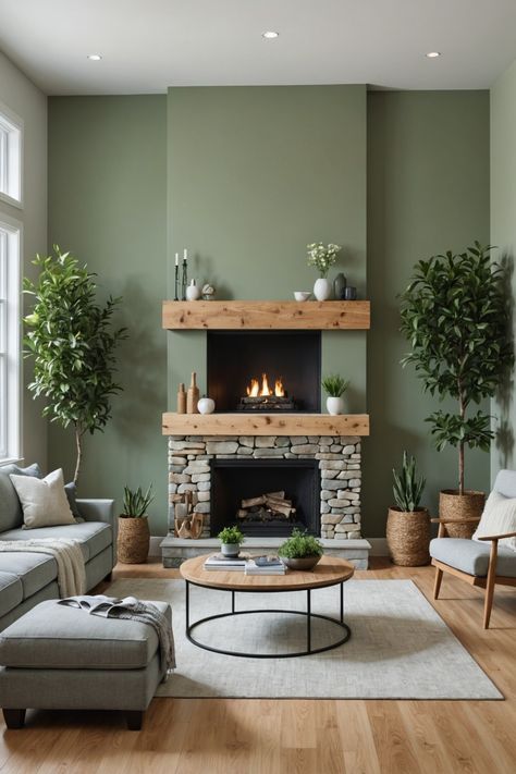 21 Sage Green Living Room Ideas – The Dear Lab Sage Green Wall Color Living Room, Green Living Room Grey Sofa, Lounge Wall Colour Ideas, Mixing Cool And Warm Tones Living Room, Sage Green Family Room, Green Lounge Room, Green And Neutral Living Room, 2024 Living Room Trends, Sage Green Lounge