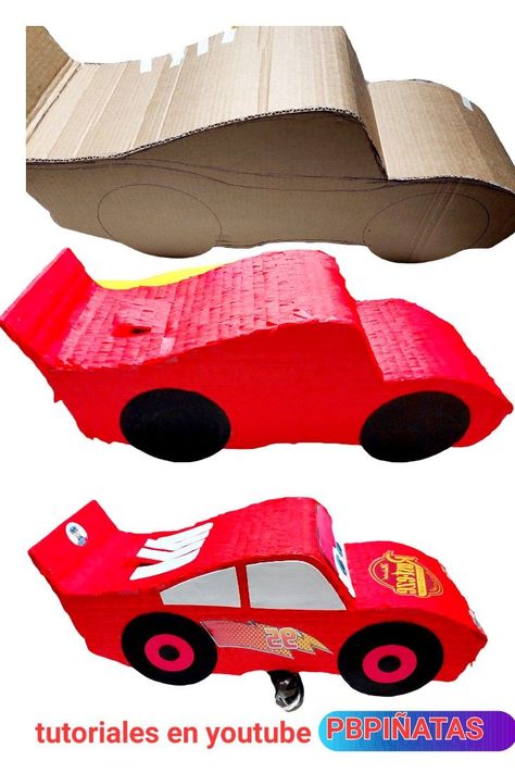 Lighting Mcqueen Pinata, Race Car Pinata Diy, Disney Cars Pinata, Lightning Mcqueen Pinata, Cars Pinata, Piñata Cars, Car Pinata, Flash Mcqueen, Cardboard Car