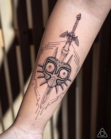 Line Geometric Tattoo, Filipino Symbols, Fine Line Geometric Tattoo, Majoras Mask Tattoo, Majora's Mask Tattoo, Legend Tattoo, Tattoo Fine Line, Zelda Tattoo, Inner Forearm