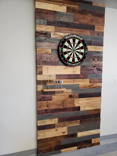 Dart Board Cupboard, Dart Board Wall Ideas, Dartboard Ideas, Bar Area Design, Dart Board Backboard, Stained Wood Trim, Dart Board Wall, Game Room Ideas, Dart Boards