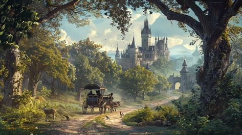 Medieval Fantasy Carriage Journey Fantasy Keep Concept Art, Medieval Castle Concept Art, Medieval Fantasy Village, Medieval Carriage, Fantasy Carriage, Realistic Digital Art, Fantasy Village, Inspirational Digital Art, Photography Movies