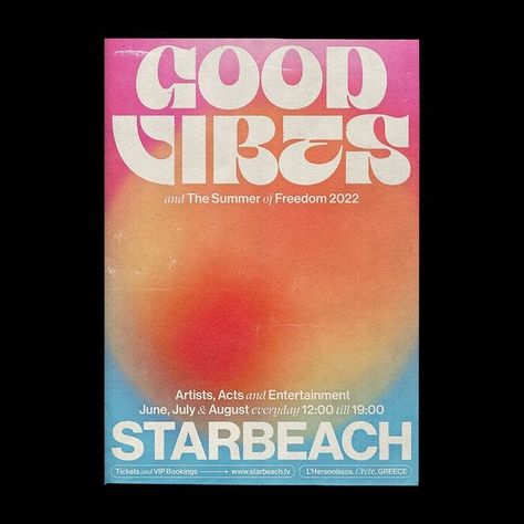 Monga D. on Instagram: "Poster created for @starbeach's Good Vibes, a daytime party in the Greek Islands. Keywords: Summer / Sun / Hot / Pool / Fun / House Music / Colorful / Chilled / Retro / Sexy Fonts. 🌞 Main type from: @jad.otf 🌞 Design: @mateusyuzo 🌞 Project management: @michelrefatti . . . #aplausofeature #certainmagazine #citysodaclub #collectgraphics #criacura #fkndesign #fruitsartclub #graffclub #graphicdesign #graphicindex #graphicjuice #graphicplanet #graphicsarchive #hypenostype Summer Vibes Poster, Words Poster Design, Posters About Music, Concert Poster Graphic Design, Summer Concert Poster, Sunset Poster Design, House Music Poster Design, Summer Party Vibes, Gradient Design Poster