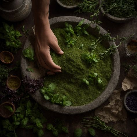 The texture of fresh herbs ground in a stone mortar is emphasized by side lighting and a contrast-focused picture style. A 35mm lens captures the rustic scene at f/2.2, providing a smooth background blur that draws attention to the vivid colors and rough edges of the herbs. The composition utilizes negative space to balance the image, invoking the scent and tactility of hands-on potion crafting. Mortar And Pestle Aesthetic, Alchemy Magic, Witch Aesthetics, Side Lighting, Stone Mortar, Background Blur, Picture Style, Field Guide, Mortar And Pestle