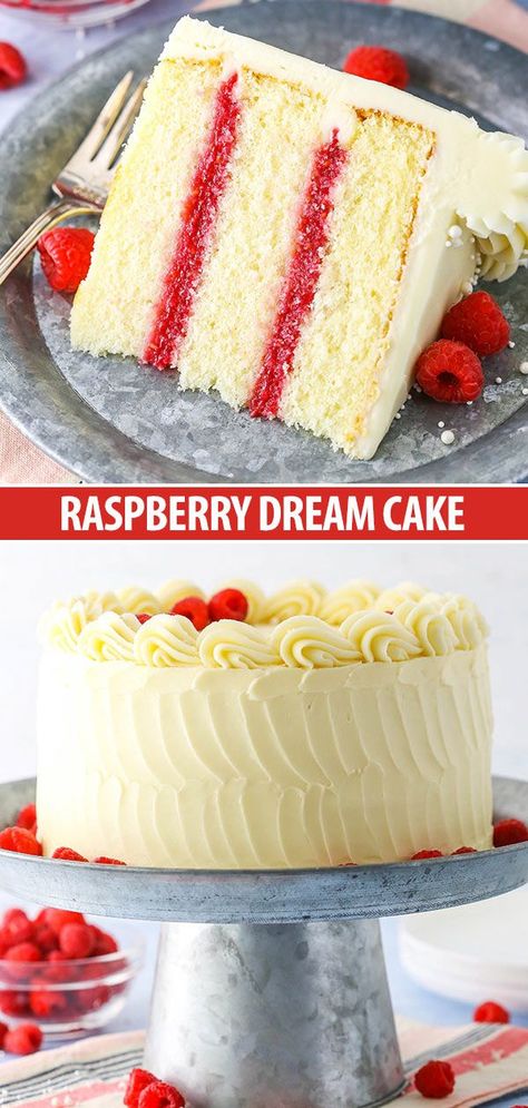 Raspberry Dream Cake! Layers of tender vanilla cake, raspberry filling and cream cheese frosting! Vanilla Cake Raspberry Filling, Gourmet Cakes Recipes, Cake Raspberry Filling, Bakery Style Cake, Easy Vanilla Cake, Cake Raspberry, Moist Vanilla Cake, Best Cakes, Sponge Cakes