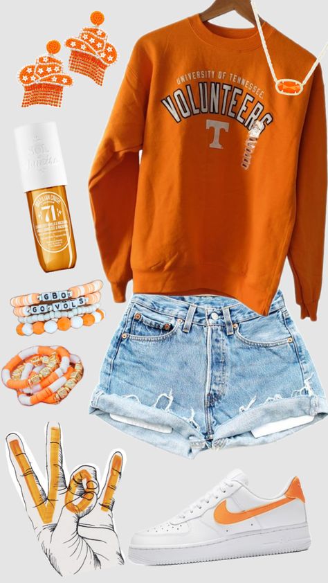 tennessee vols fit in honor of todays game!🧡🍊#vols #gbo Tennessee Game Day Outfit, Tennessee Tailgate, Univ Of Tennessee, Tennessee Fashion, College Football Game Outfit, Tennessee Outfits, Gameday Fits, College Gameday Outfits, Gameday Outfits